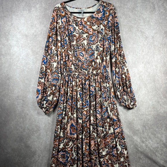 Rachel Pally Maxi Dress Womens L Brown Paisley Long Sleeve Bohemian Long Casual